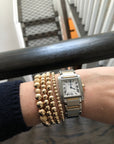 Left to right - 8mm 14k gold filled smooth with stardust bracelet, 6mm 14k gold filled smooth bracelet, 6mm 14k gold filled smooth bead bracelet with stardust bead, 4mm 14k gold filled smooth bead bracelet with stardust beads. Watch clients own.